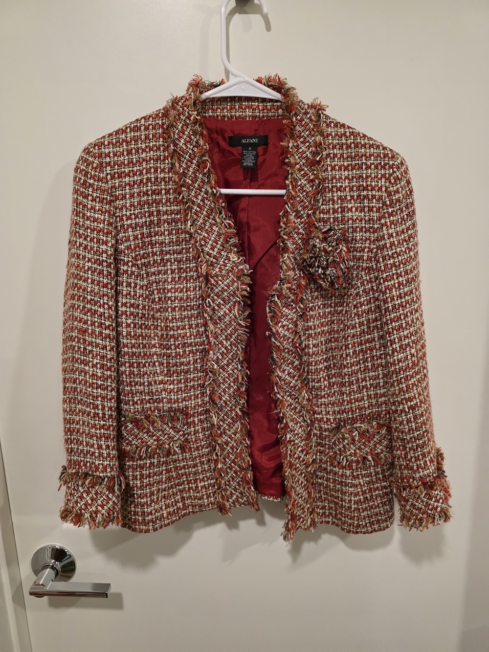 Alfani Red Tweed Fringe Open-Front Jacket